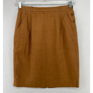 LIZ CLAIBORNE Skirt 10 Linen Pencil Straight Side Button Knee Length Brown Vtg